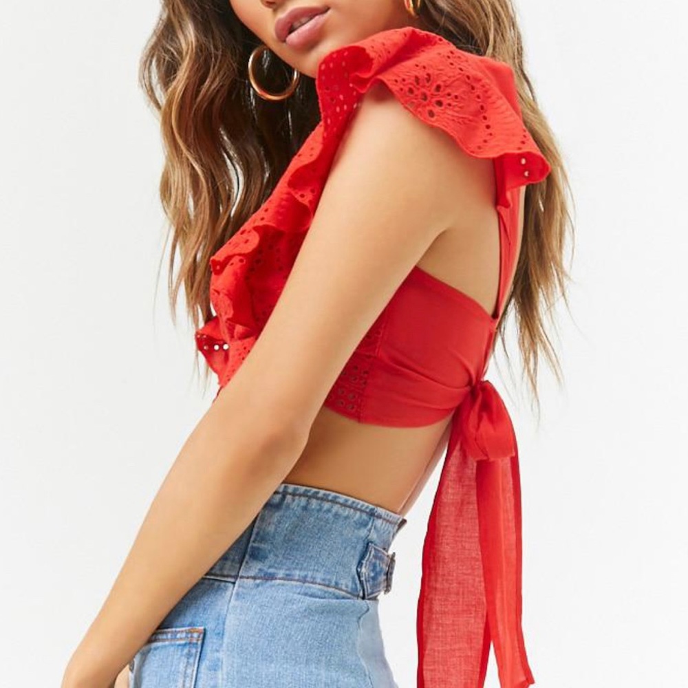 Forever 21 Red Eyelet Ruffle Crop Top - Picture 2 of 6